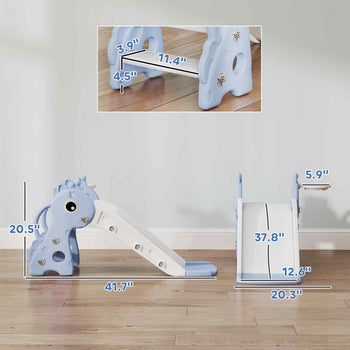 3-in-1 Toddler Slide for Age 1-3, Freestanding Kids Slide with Climber, Basketball Hoop and Ball, Giraffe Design, Blue