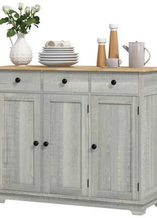 Kitchen Storage Cabinet, Sideboard Floor Cupboard with Solid Wood Top, Adjustable Shelf, and 3 Drawers, Light Gray