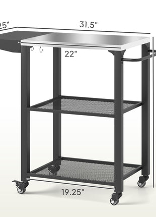 Three-Shelf Outdoor Grill Cart Table with Foldable Side Table, Stainless Steel Top Pizza Oven Stand with Hooks, Silver
