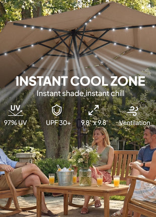 9.7 ft Outdoor Patio Umbrella with Solar LED Lights, 3 Tier Outdoor Table Umbrella with Tilt, Crank, Khaki