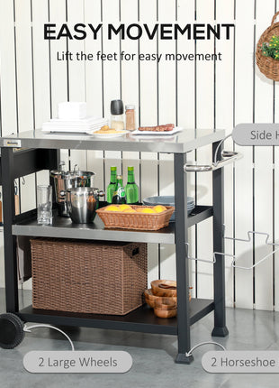 3-Shelf Outdoor Grill Cart Table with Side Handle, Stainless Steel Pizza Oven Stand on Wheels, Black