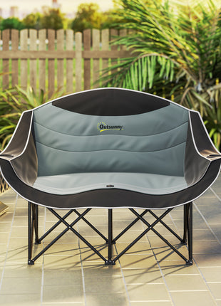 Padded Folding Camp Chair for Adults, Double Camping Chair with Armrests, Cup Holders, Carry Bag for Outdoor, Black
