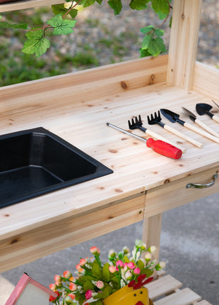 36" Wooden Potting Bench Work Table with 2 Removable Wheels, Garden Workstation with Removable Sink, Drawer & Large Storage Spaces, Natural