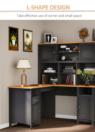 L Shaped Computer Desk with Hutch, 59" Corner Desk, Space Saving Home Office Desk with Storage Shelves, Drawer and Cabinet, Black