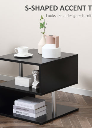 20" Modern End Table, Accent Side Table, S-Shaped Coffee Table with Storage Shelf and Steel Poles, Black