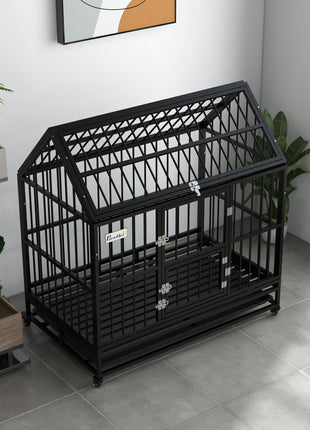 48" Heavy Duty Dog Crate with 4 Lockable Wheels, Double Doors, and Removable Tray, for XL and L Dogs