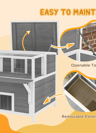 2-Story Wooden Cat House Outdoor with Balcony, Openable Top, Escape Door, Removable Panel & Floor, for Backyard, Outside