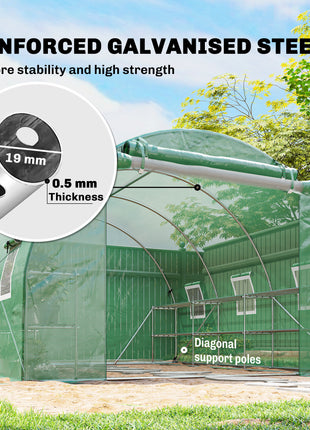 10'x11'x6' Walk-in Tunnel Greenhouse with Shelves, Mesh Door and Windows, Hoop House Greenhouse with PE Cover, Green