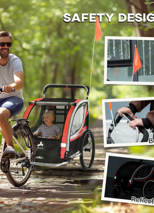 3-in-1 Bike Trailer for Kids, Running Stroller with 2 Seats, Jogging Cart with 5-Point Harness, Storage Units, Red