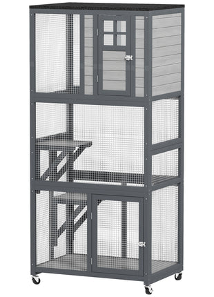 74" Wooden Outdoor Cat House Catio with High Weight Capacity, Cat Cage Condo, Dark Gray