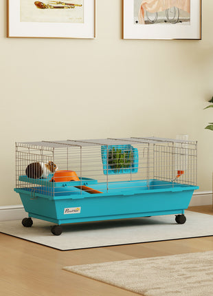 35"L Small Animal Cage, Rolling Bunny Cage, Guinea Pig Cage with Wheels, Food Dish, Water Bottle, Hay Feeder, Blue