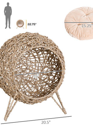 20.5" Weaved Cat Bed, Elevated Hand-woven Braided Banana Leaf Kitten House Condo with Cushion, Beige