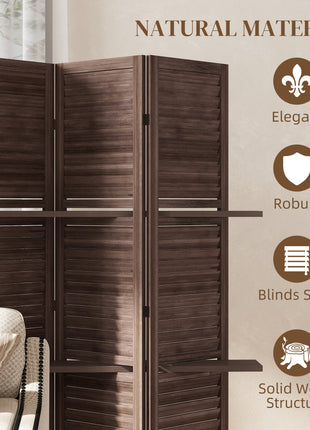 5 Panel 67" Tall Wood Privacy Screen Room Divider with 3 Shelves and Folding Storage for Bedroom, Walnut