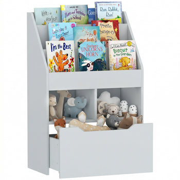 Kids Bookcase Multi-Shelf Book Rack with Mobile Drawer for Books, Toy , Gray