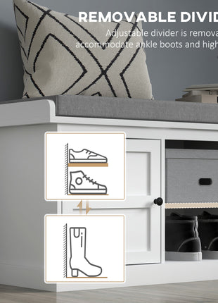 Shoe Storage Bench with Cushioned Seat, Entryway Bench Seat with 2 Cabinets and Adjustable Shelf for Hallway, White