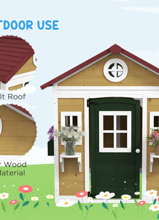 Wooden Playhouse for Kids Outdoor with Doors, Windows, Planter Pots and Boxes for Toddlers 3-8 Years, Beige