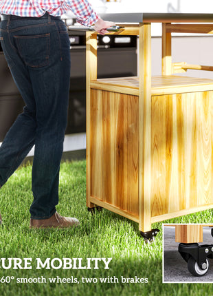 Outdoor Grill Cart w/ Stainless Steel Top, Solid Wood Outdoor Kitchen Island w/ Wheels, Integrated Hole, Natural Wood