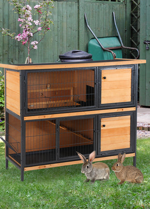 48" 2-Story Large Rabbit Hutch Bunny Cage Wooden Pet House Metal Frame with Rooms, Ramp, No Leak Tray, Feeding Trough, Waterproof Asphalt Roof for Rabbits, Chickens, Ducks, Outdoor/Indoor