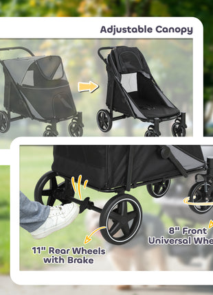 Dog Stroller for Large Medium Small Dogs up to 66 Lbs. 23.5" in Body Length, One-Click Foldable Pet Cat Stroller with Storage, Shock Absorption Wheels, Mesh Window, Safety Leash, Gray