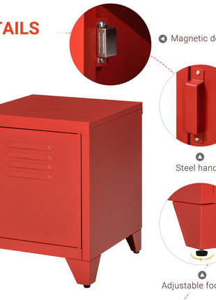 Industrial End Table, Living Room Side Table with Locker-Style Door and Adjustable Shelf, Red