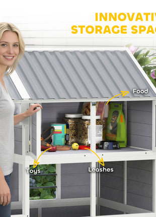 79"L Large Dog House Outdoor, Wooden Dog Kennel with Porch, Storage Cabinet,Weatherproof Roof, Windows