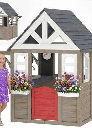 Outdoor Playhouse, Wooden Kids Playhouse with Dog Door, Flower Box, Cookware & Window for Garden Ages 2+, Gray