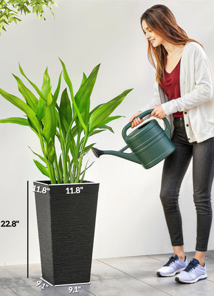 22.8 Inch Set of 3 Outdoor Planters with Stone Finish and Wheels, Stackable Tapered Planters with Drainage Hole, Black