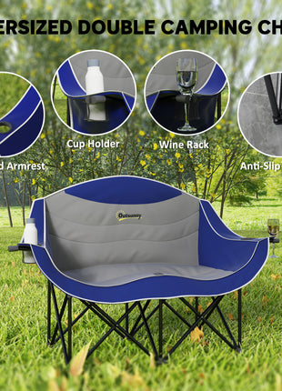 Padded Folding Camp Chair for Adults, Double Camping Chair with Armrests, Cup Holders, Carry Bag for Outdoor, Blue