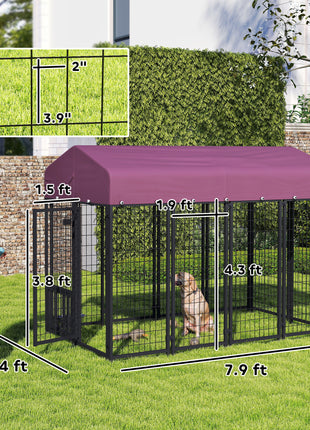 Welded Wire Outdoor Dog Kennel with 360° Rotating & 4 Levels Adjustable Bowls, Waterproof Cover, 7.9' x 4' x 6'