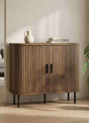 35.4" Sideboard Buffet Cabinet with Storage, Nordic Coffee Bar Cabinet with Slatted Tambour Doors and Metal Legs, Walnut