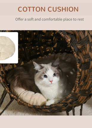 20.5" Weaved Cat Bed, Elevated Hand-woven Braided Banana Leaf Kitten House Condo with Cushion, Brown