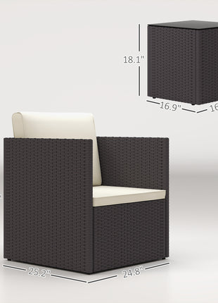 Folding Wicker Bistro Set, 3 Piece Patio Furniture Set with Cushions and Glass Coffee Table for Porch, Balcony, Brown