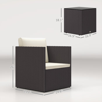 Folding Wicker Bistro Set, 3 Piece Patio Furniture Set with Cushions and Glass Coffee Table for Porch, Balcony, Brown