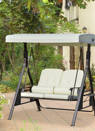 2-Person Patio Swing Bench with Adjustable Shade Canopy, Soft Cushions, Throw Pillows and Tray, Beige.