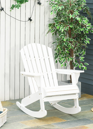 Wooden Adirondack Rocking Chair Outdoor Lounge Chair Fire Pit Seating with Slatted Wooden Design, Fanned Back, White
