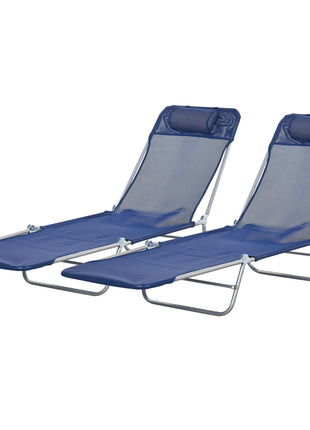2 Piece Sun Loungers, Folding Chaise Lounge Chairs with Reclining Back, Breathable Mesh Seat, Headrest, Dark Blue