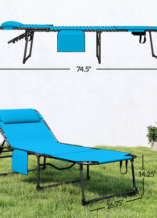 2 Piece Folding Chaise Lounge Pool Chairs with 5-level Reclining Back, Reading Hole, Side Pocket, Blue