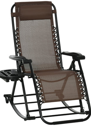 Outdoor Rocking Chairs, Foldable Reclining Zero Gravity Lounge Rocker with Pillow, Cup & Phone Holder, Combo Design with Folding Legs, Brown