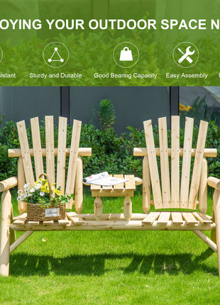 2-Seat Wooden Adirondack Chair, Patio Bench with Table, Outdoor Loveseat Fire Pit Chair for Porch, Backyard, Deck, Natural
