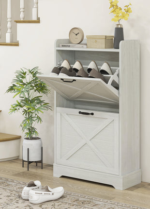 Slim Shoe Storage Cabinet, Farmhouse Shoe Cabinet with 2 Flip Drawers, Adjustable Shelves for 8 Pairs, Distressed White