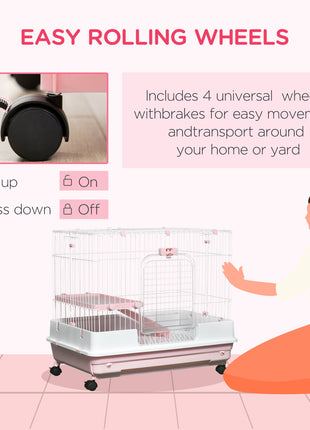 2-Level Small Animal Cage Rabbit Hutch with Wheels, Removable Tray, Platform and Ramp for Bunny, Chinchillas, Ferret, Pink