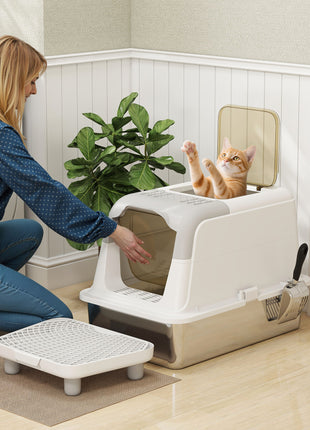 Extra Large Stainless Steel Litter Box, Enclosed Cat Litter Box with Scoop, Deodorizer Bag, Sand Drop Pedal