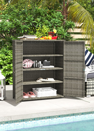 Rattan Wicker Outdoor Storage Cabinet with 4 Shelves and 2 Doors for Garden Pool Towel Storage, Mixed Gray