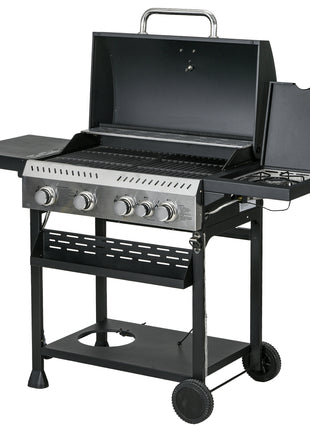 4 Burner Propane Gas Grill with Side Burner, 40,000 BTU Outdoor Barbeque with Shelves, Thermometer, Bottle Opener, Black