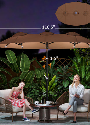 Double-sided Patio Umbrella, 9.7 ft. Outdoor Umbrella with 45-Degree Tilt and Crank, LED Solar Light and 12 Ribs, Coffee