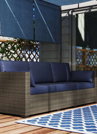 Patio Couch PE Wicker Deep Seating Outdoor Sofa with Removable Cushions, 3 Seater Rattan Sofa, Outdoor Furniture for Balcony, Deck, Garden and Poolside, Navy Blue