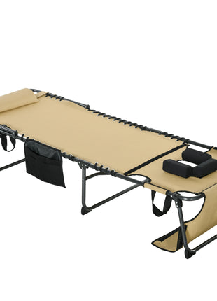 Folding Chaise Tanning Lounge Chair w/ 5-level Reclining Back, Reading Hole, Side Pocket, Headrest, Beige
