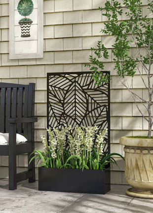 Metal Outdoor Privacy Screen with Raised Garden Bed, Privacy Panel and Planter Box, Wall-Mounted or Freestanding, Black