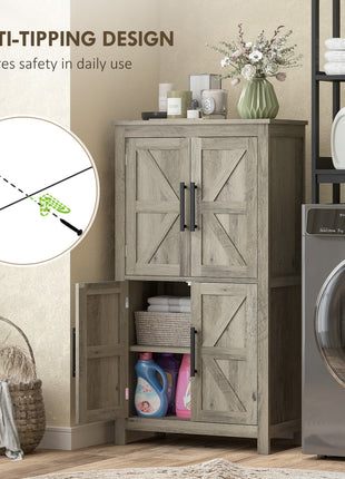 Bathroom Floor Storage Cabinet, Farmhouse Bathroom Cabinet with 4 Doors and Adjustable Shelf, Light Gray