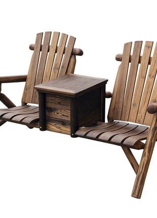 Double Wooden Adirondack Chair with Ice Bucket, Outdoor Loveseat with High Backrest, Smooth Armrest, Rustic Brown